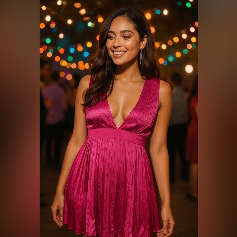 Barbie Pink Pleated Swing Deep V Silk Like Dress by Jessica Simpson